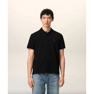 Ami De Coeur Polo Shirt M Black Cotton Red Preppy Minimalist Solid Basic Casual